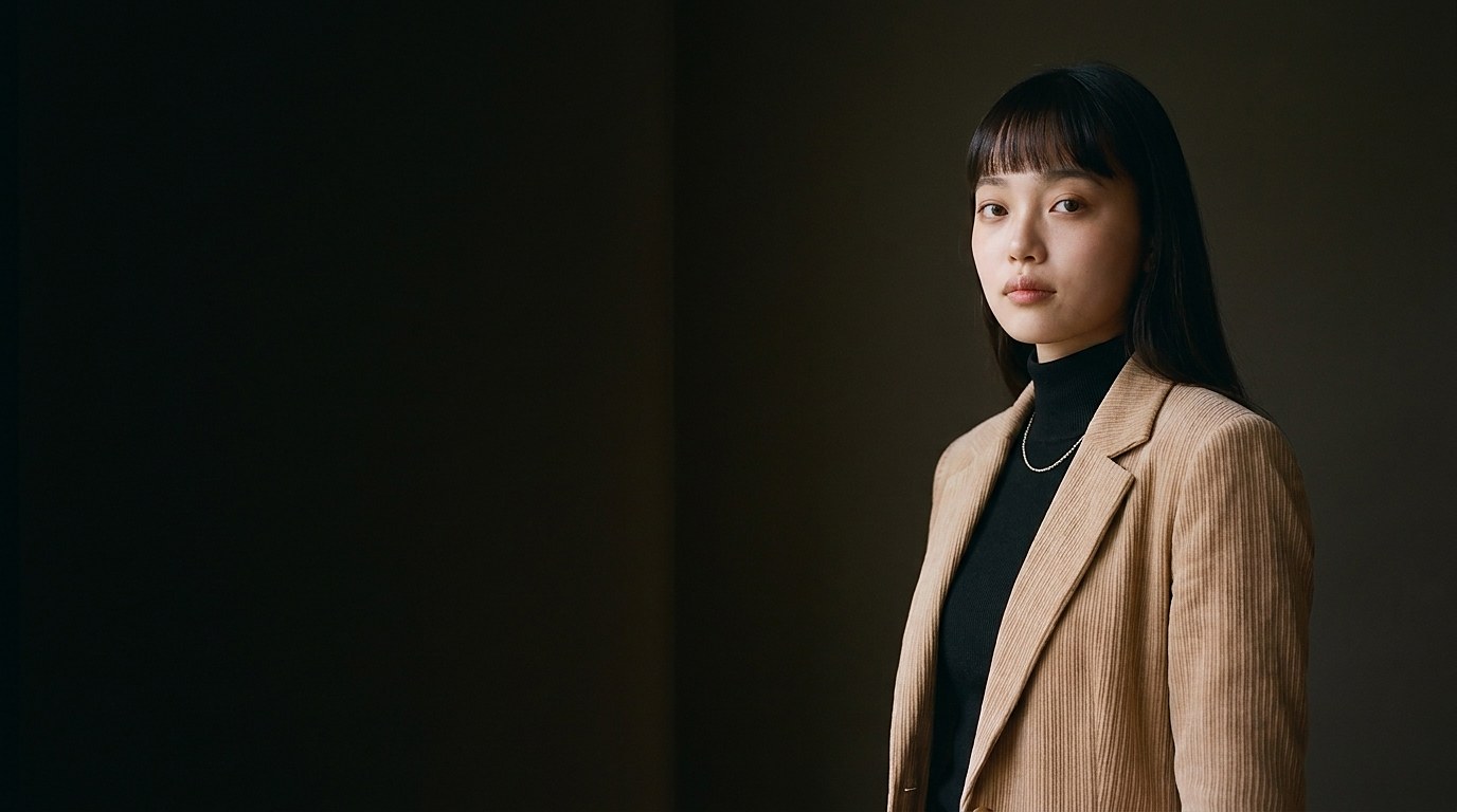 Eva Brightstar, in a camel corduroy blazer over a black turtleneck, standing in low warm light.