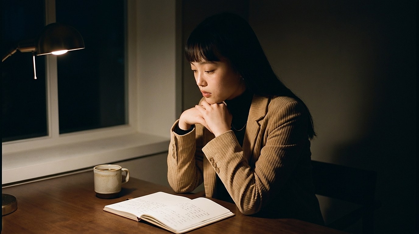 Eva sitting at a desk at night with a notebook, a cup of coffee and a small lamp.