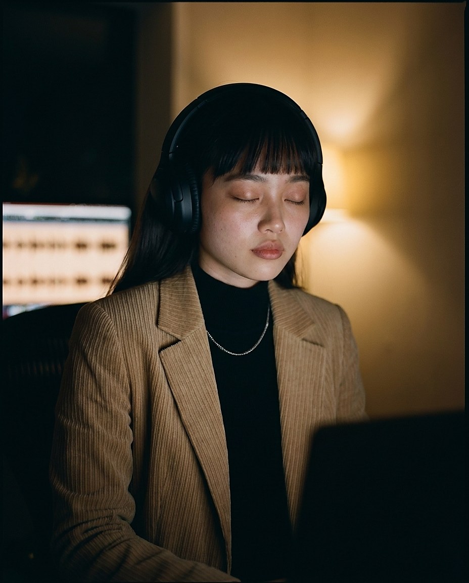 Eva with matte black headphones on, eyes closed, listening in a warm-lit room.
