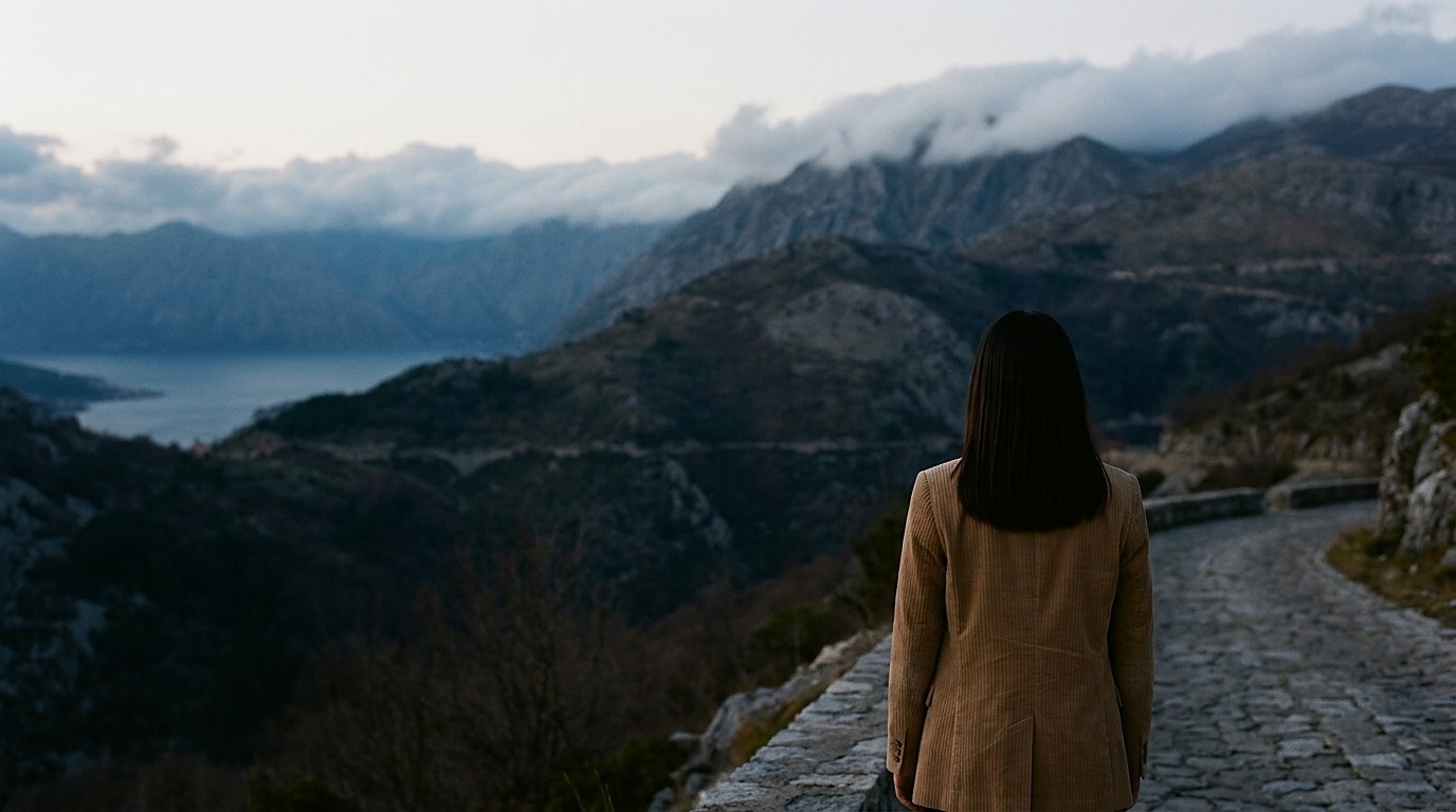 Eva seen from behind on a stone path, looking out over a bay and mountains at dusk.